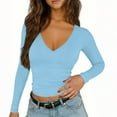 thumbnail image 5 of Roncen Womens Casual V Neck Long Sleeve Shirts Going Out Double Lined Crop Tops Slim Fitted Basic Tee, 5 of 9