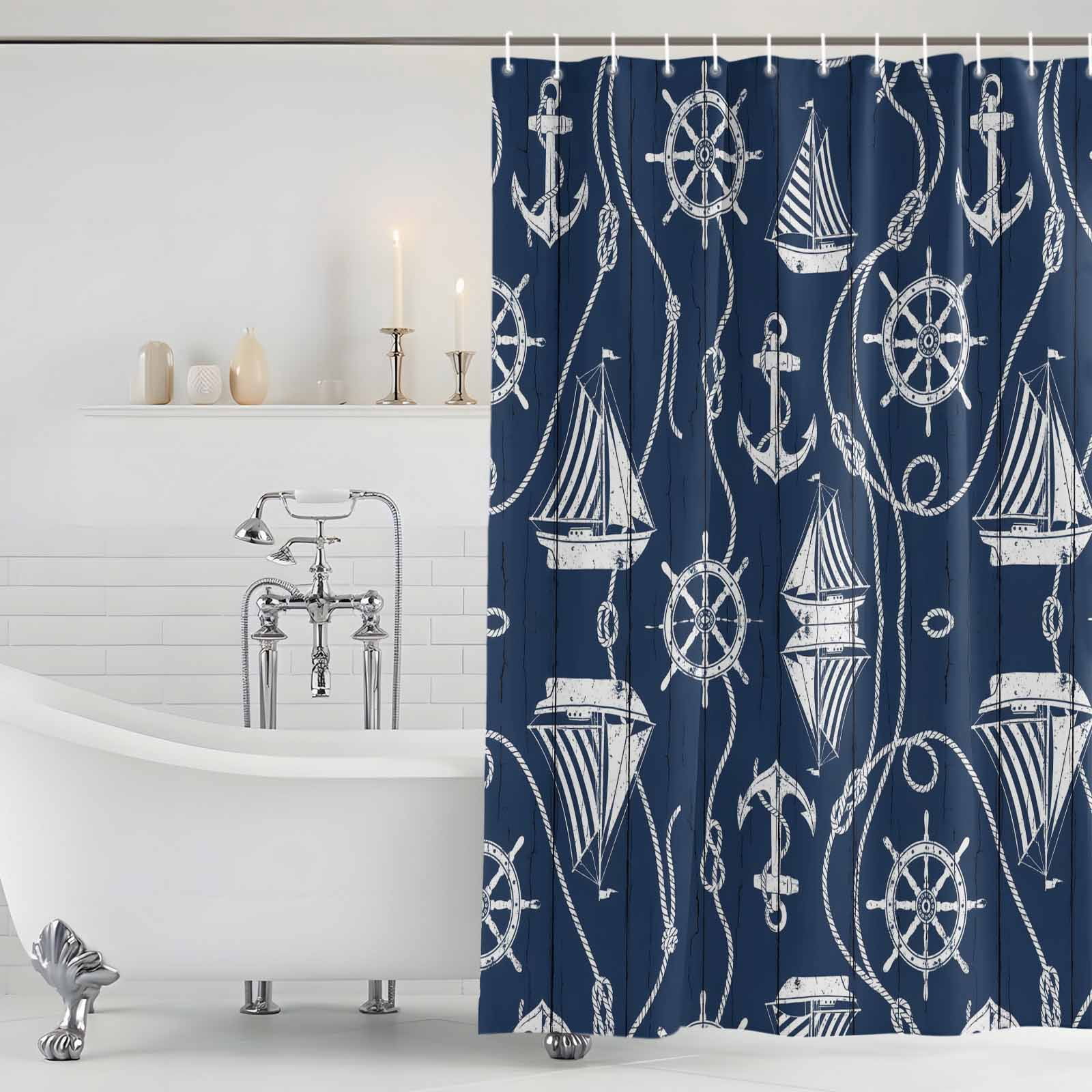 Shower Curtain Bathroom Set Coastal Sailboat Compass Anchor Waterproof Fabric Shower Curtains with Grommets&Hooks, Nautical Theme Navy Blue Wood Privacy Bath Curtain for Bathtub 72x72in