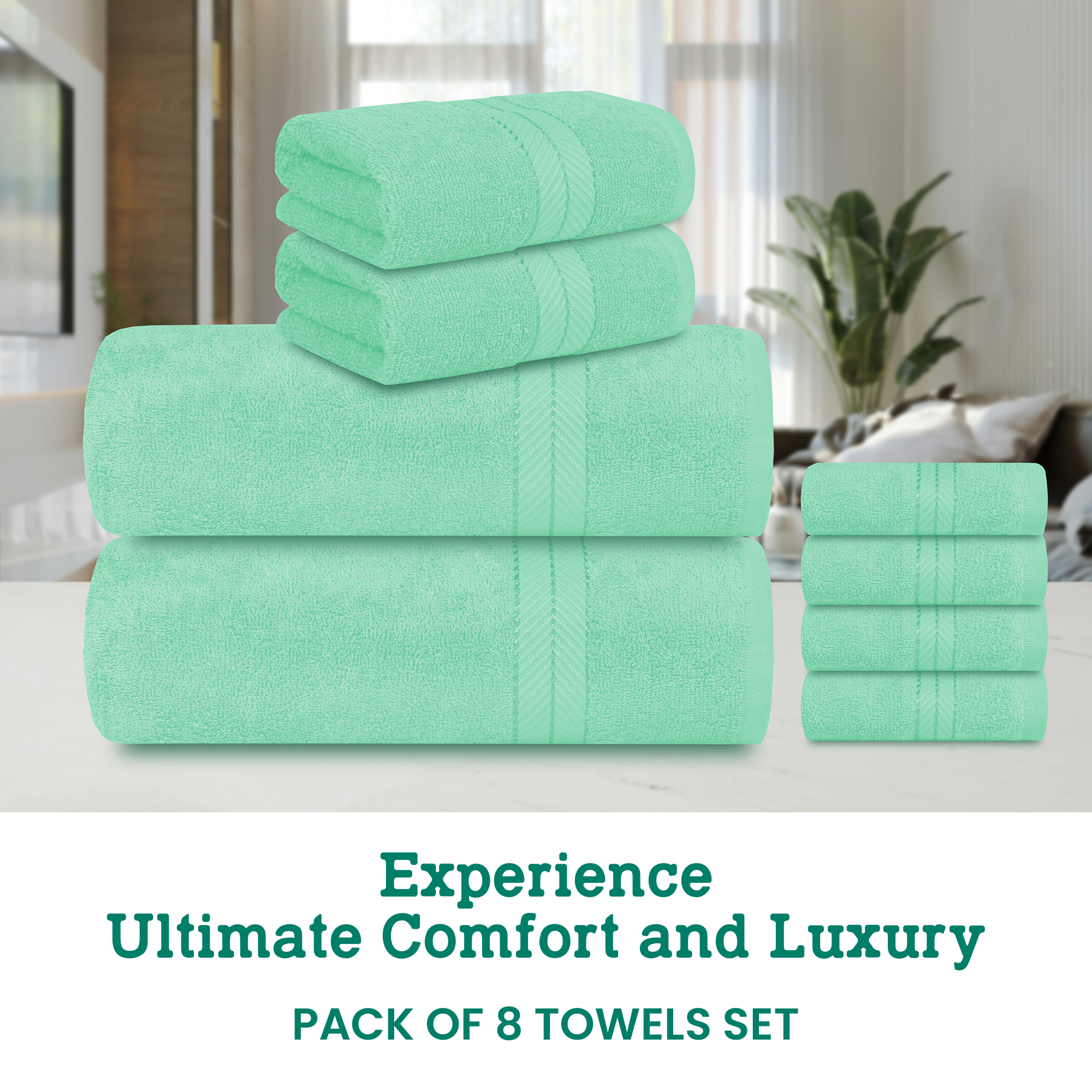 Casa Lino 8Pc Premium Bath Towel Set (2 Bath Towels, 4 Washcloths, 2 Hand Towels) - 100% Cotton, 400GSM & Ultra Absorbent (Sky Blue)