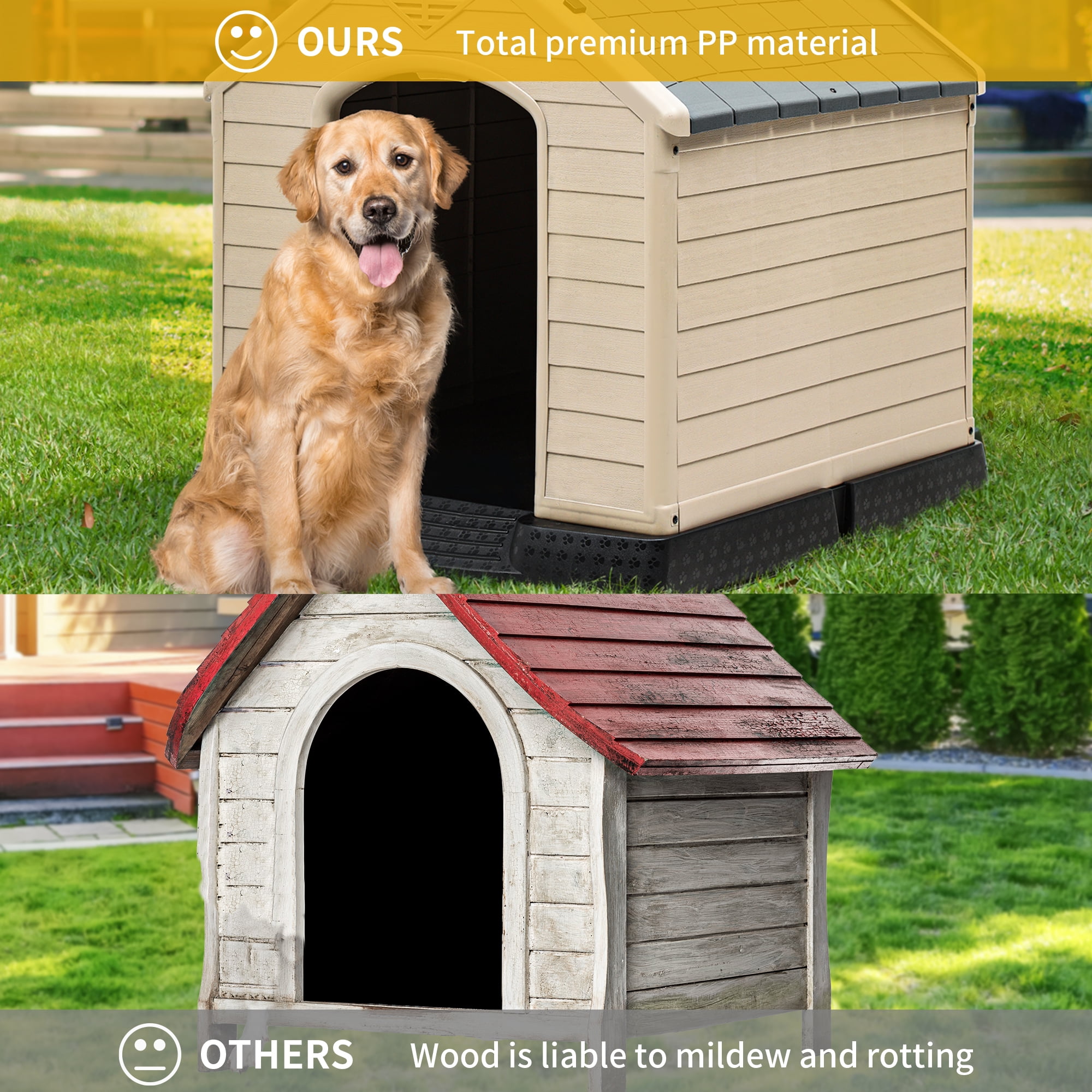 Dextrus Plastic Dog House Outdoor Indoor for Small Medium Large Dogs,Weatherproof Dog Houses with Elevated Floor and Air Vents,Durable Ventilate,41''L*38''W*39''H,Grey&Brown
