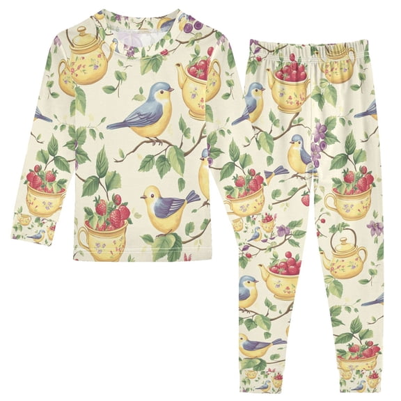 FORMRS Long Sleeve Top and Pants Pajama Set for Niños 2-Piece Sleepwear, Sizes 18M-8Y, Birds with Strawberries