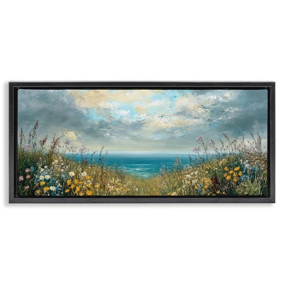 Stupell Industries Transitional Scenic Coastal Flowers In Bloom Black Floating Frame Canvas Art, 25 x 11, by Petals Prints Design