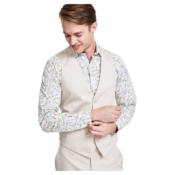 Bar Iii Mens Slim fit Button-Up Suit Vest Large Beige Solid Stretch