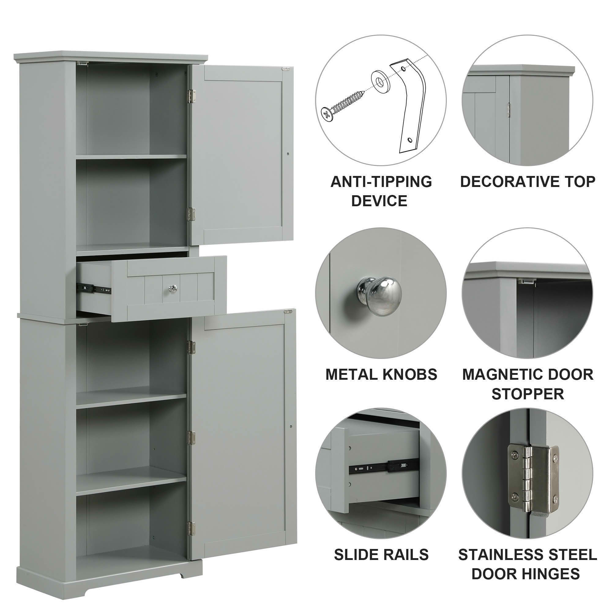 MAYEERTY Tall Bathroom Cabinet Freestanding Storage Drawer Adjustable Shelf MDF Painted Gray
