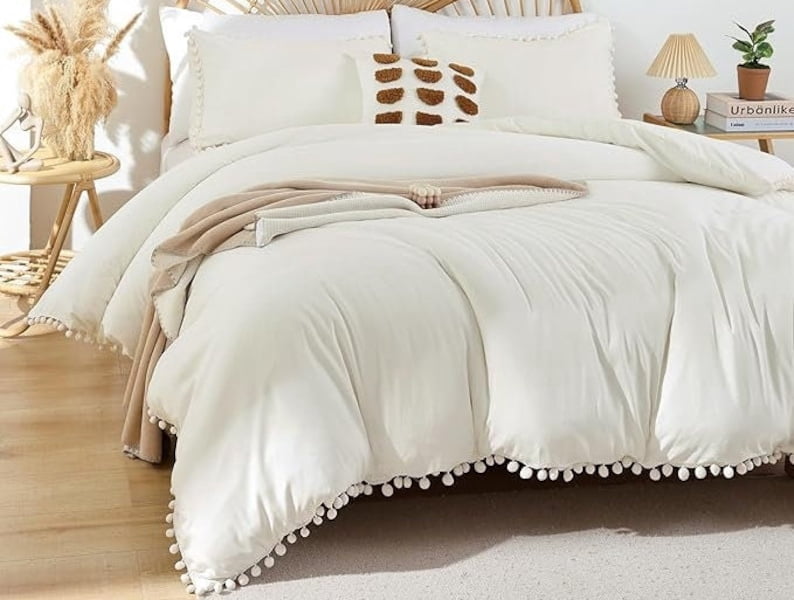 Duvet Cover Set For Bedroom Pompom Boho Bedding Set Breathable Ivory Quilt Cover 8Corner tie For Closure Zipper Bohemian Bedding Set