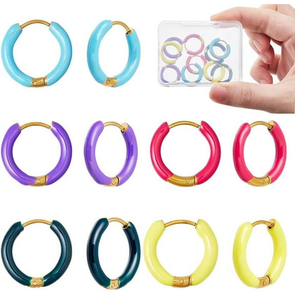 C 5 Pairs Small Enamel Hoop Earrings Colorful Huggie Hoop Earrings 16mm Stainless Steel Huggie Hoop Earring Cute Statement Earrings Round Hoop Earrings for Women Jewelry