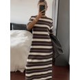 thumbnail image 4 of Womens Brown Striped Knit Dress With Round Neck Short Sleeve And Loose, 4 of 7