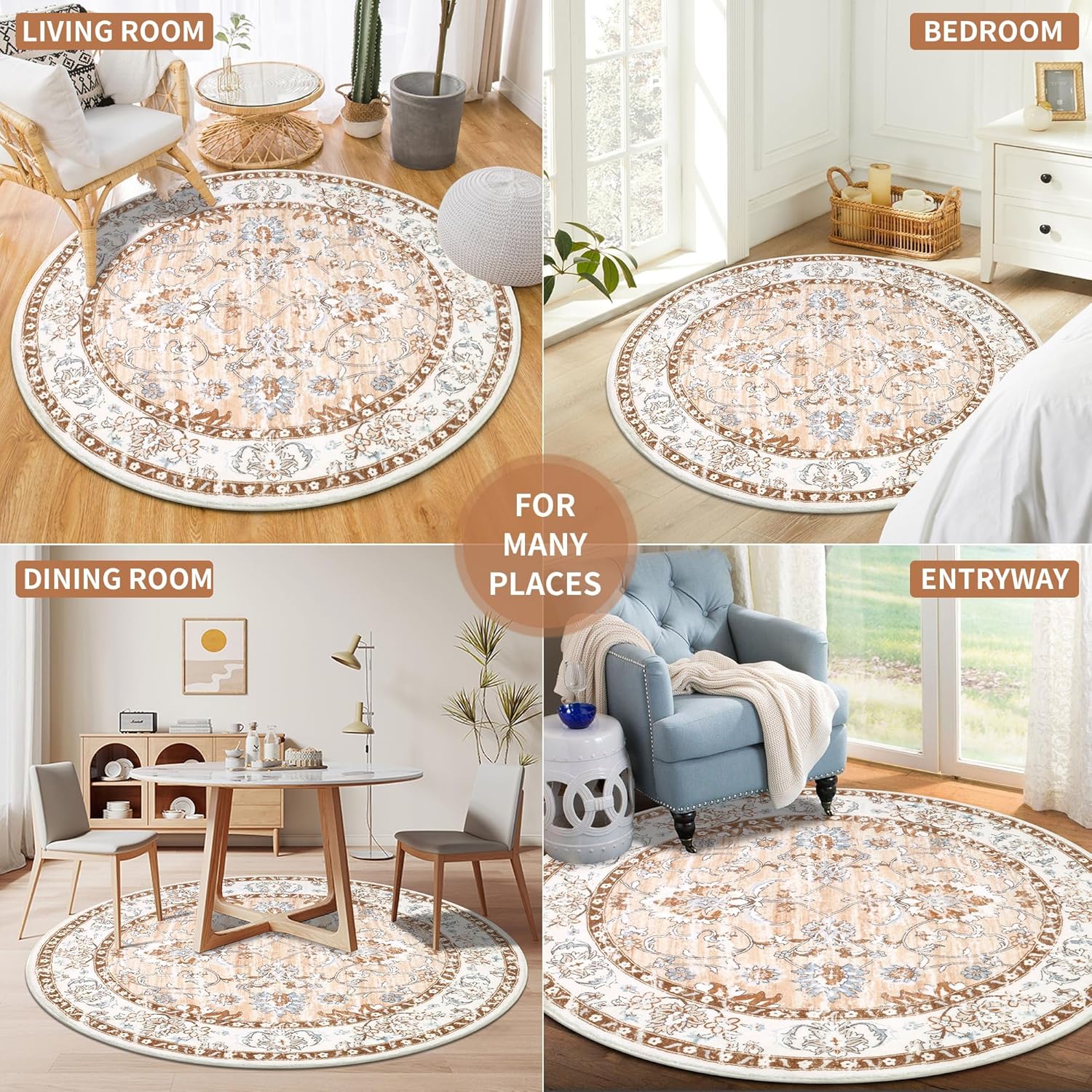 MJIAexp 4ft Mandala Boho Round Rug Circle Rug Non-Slip Machine Washable Area Rug Soft Bedroom Rug Throw Rug Vintage Carpet for Living Room Kitchen Dorm Coffee Table Distressed Coffee