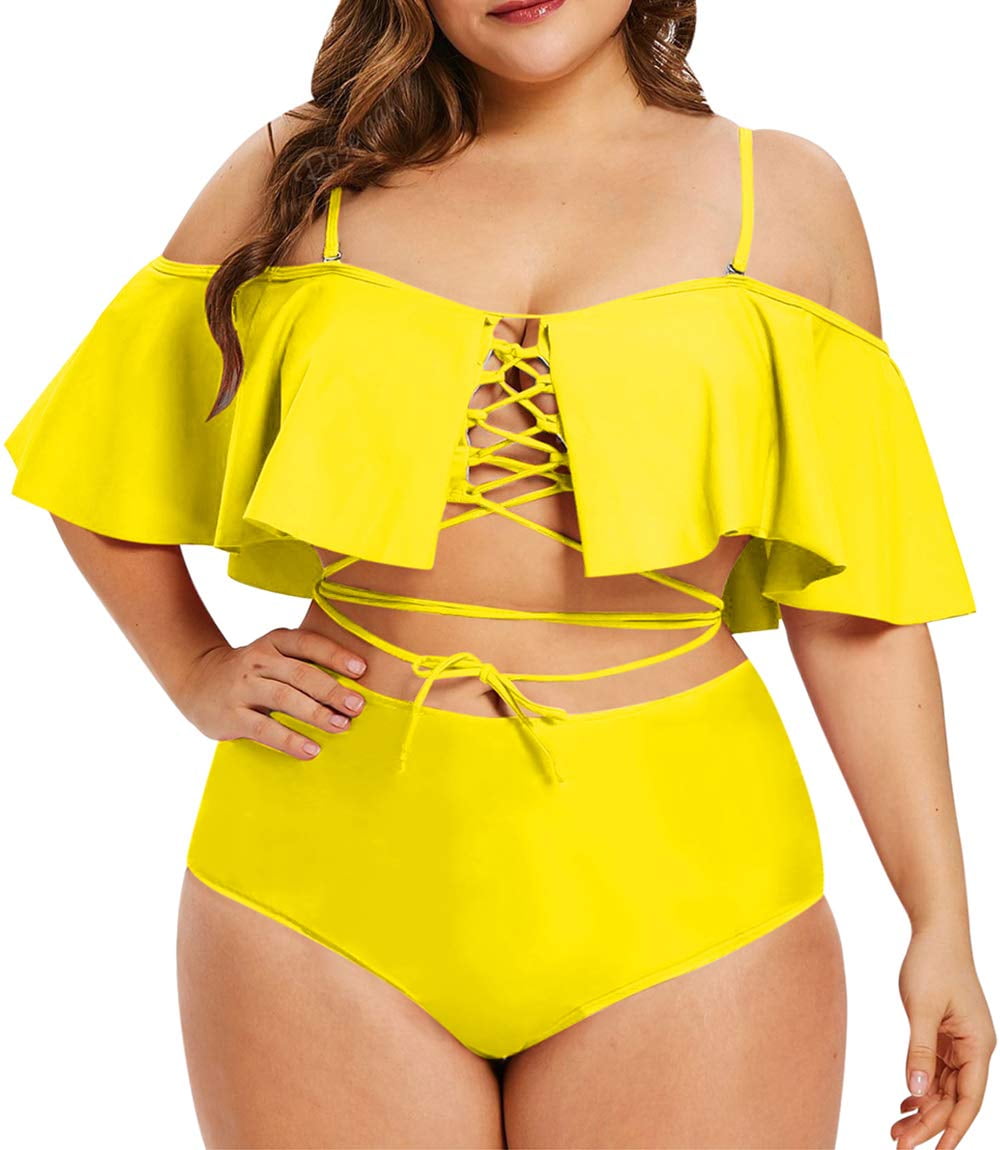 Kisscynest Women's 2 Piece Plus Size High Waist Ruffle Bikini Swimsuit  Bathing Suit Bright Yellow 4XL - Walmart.com