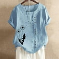 thumbnail image 4 of WREESH Womens Cotton Linen Shirts Summer Casual Crew Neck Short Sleeve Printing Loose Shirt Tops Light Blue, 4 of 4