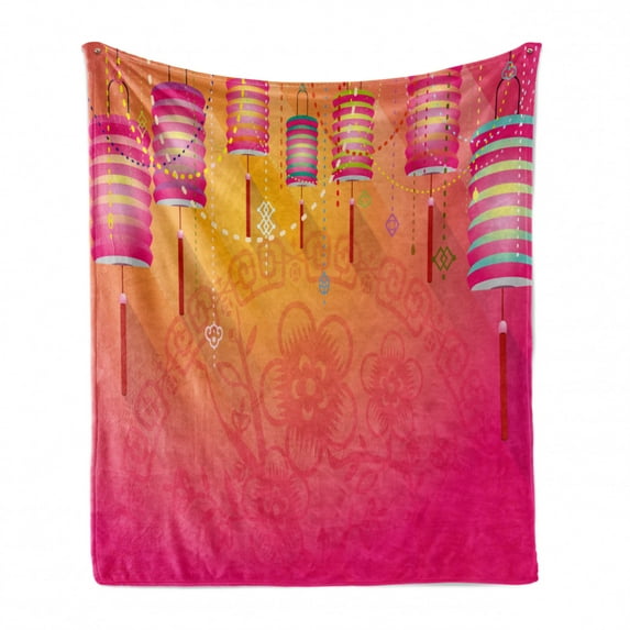 Lantern Soft Flannel Fleece Throw Blanket, Abstract Eastern New Year Festivities Handmade Cultures China Floral Background, Cozy Plush for Indoor and Outdoor Use, 50" x 60", Fuchsia, by Ambesonne