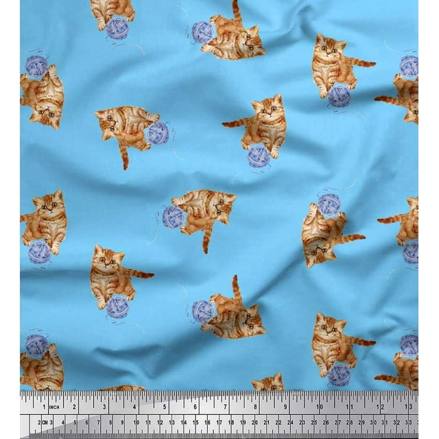 Soimoi Rayon Crepe Fabric Wool & Cat Animal Printed Fabric 1 Yard 46 Inch Wide