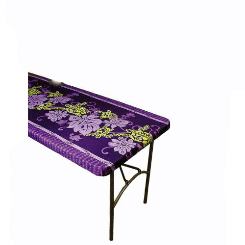 Hawaiian Tropical Purple Flower, Green Sea Turtle Fabric Tablecloth for 6'  Center-fold Table