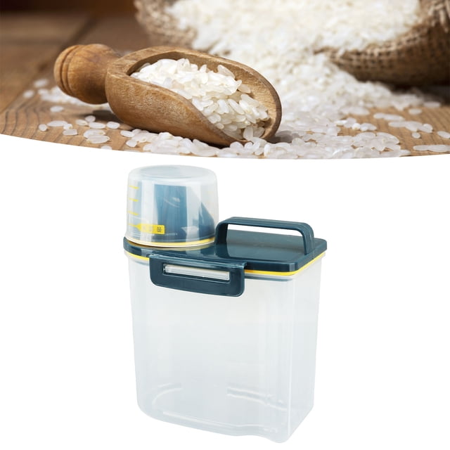 Rice Storage Container, Clear PP Plastic Grain Storage Container with Measuring Cup, Airtight Pour Spout Food Storage Bins Kitchen Storage Containers to Store Dry Food