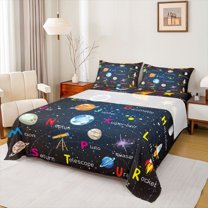 Homewish Starry Sky 3pcs Twin Sheet Sets For Preppy Children Kids,Universe Galaxy Twin Fitted Sheet,Cosmos Planet Breathable Flat Sheet,Breathable Home Decor