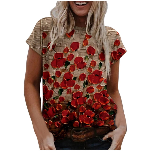 Machine d'Impression de T-Shirts Mode Femme Blouse à Col Rond Imprimé Manches Courtes T-Shirts Hauts d'Été Décontractés Hauts d'Été