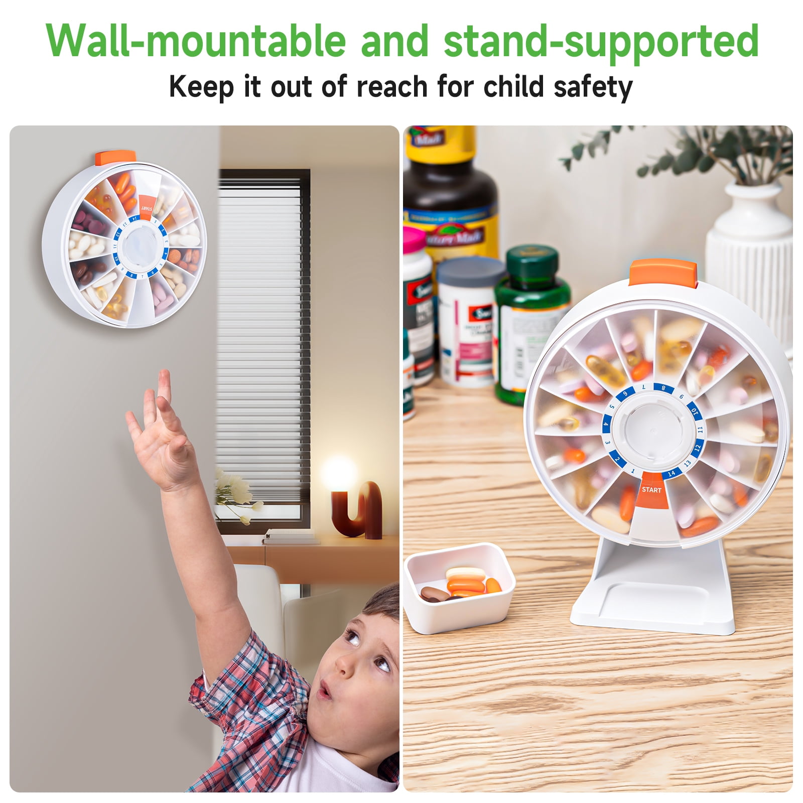 14 Day Pill Dispenser, Large Pill Organizer for Wall-Mounting or Standing Use, Daily Pill Box with Push Button Design, Weekly Pill Organizer for Vitamin and Medicines