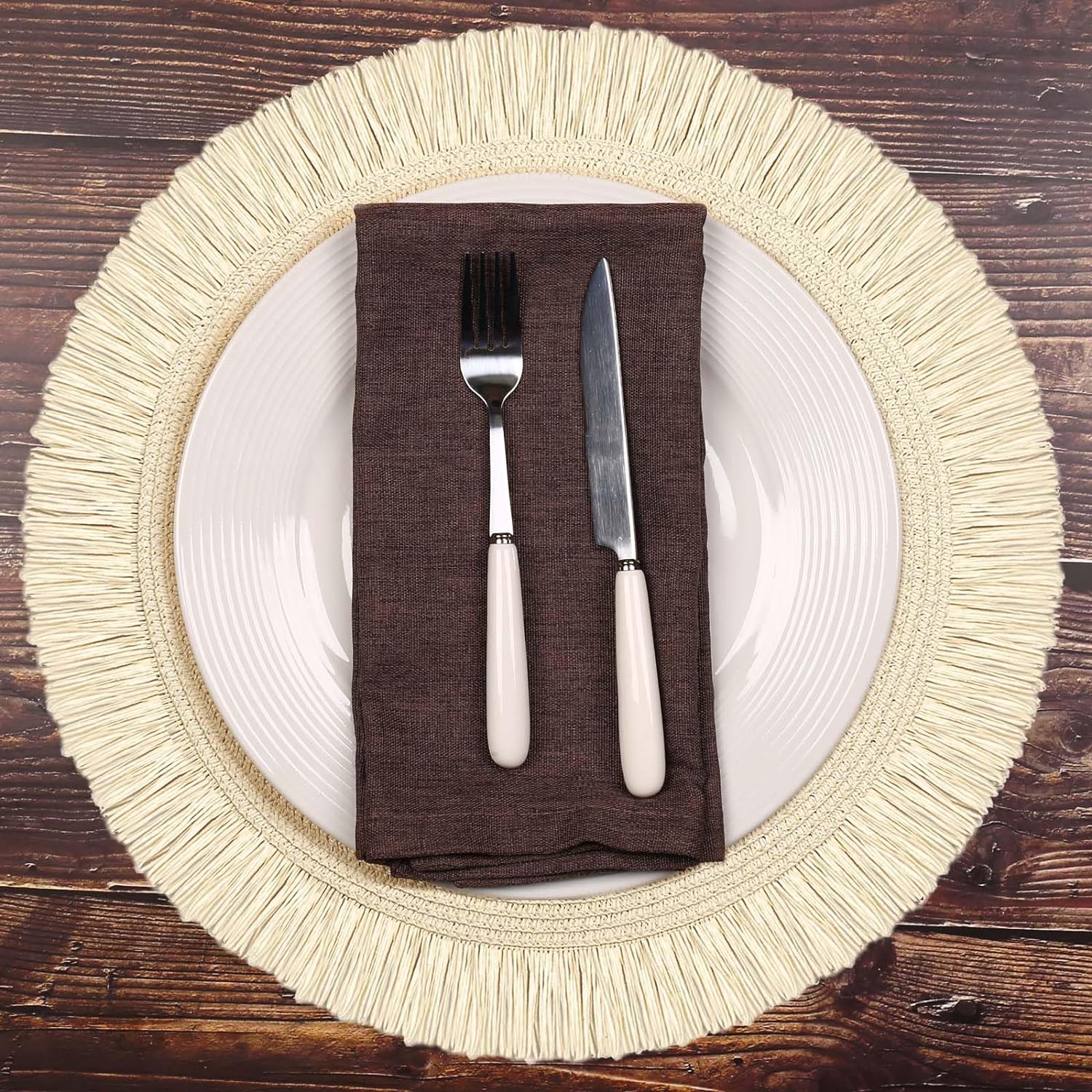 CAILDANL Round Burlap Placemats Set of 12 Jute Rustic Place Mats for Dining Tables Heat Resistant Natural Farmhouse Table Mats Decor for (Brown lace)