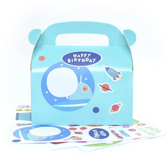 Birthday Theme Light Blue Gable Favor Boxes with DIY Creative Fun Stickers: 6 Pack. Great for Gifts, Lunch, Party Favors, Treats, Goodies, Activities & Tchotchkes