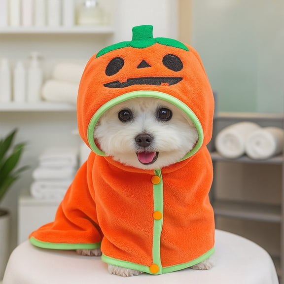 Pumpkin Hooded Dog Halloween Costume, Orange Pet Bath Towel Cloak, After-Bath Pet Drying Wrap, Pet Halloween Costumes for Halloween Party Decoration (Orange)