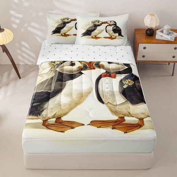 jejeloiu Wedding Seagull Couple Zipper Twin Comforter Sets with Fitted Sheet and 2 Pillowcases Kids,Watercolor Love Bird Print Zipper Bedding Set For Girls,Reversible,4 Pieces