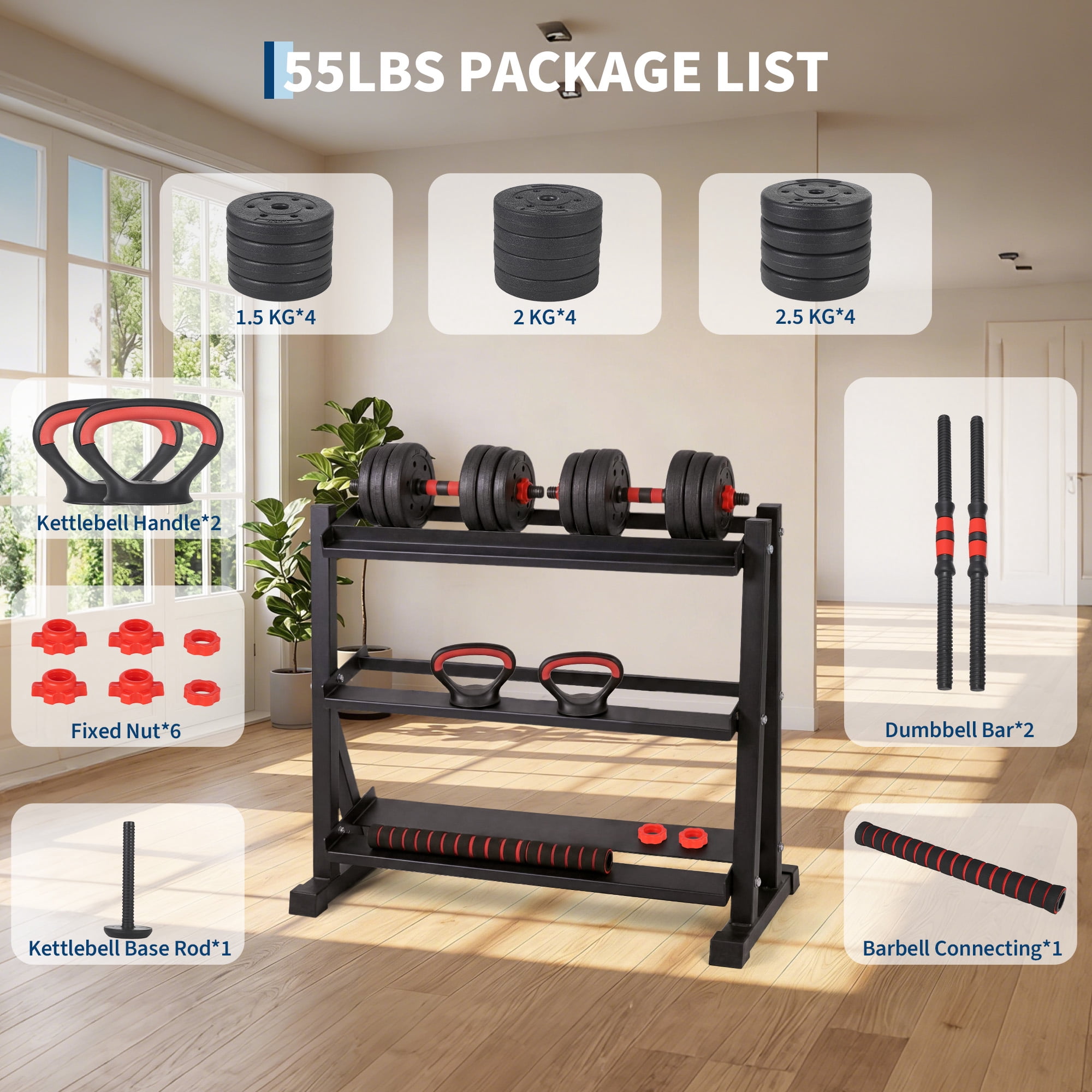 5-in-1 Adjustable Dumbbell Set – Free Weights for Strength Training – Converts to Barbell, Kettlebell & Push-Up Stand – Space-Saving, Ergonomic, Anti-Slip – Home Gym Equipment – Black+Red
