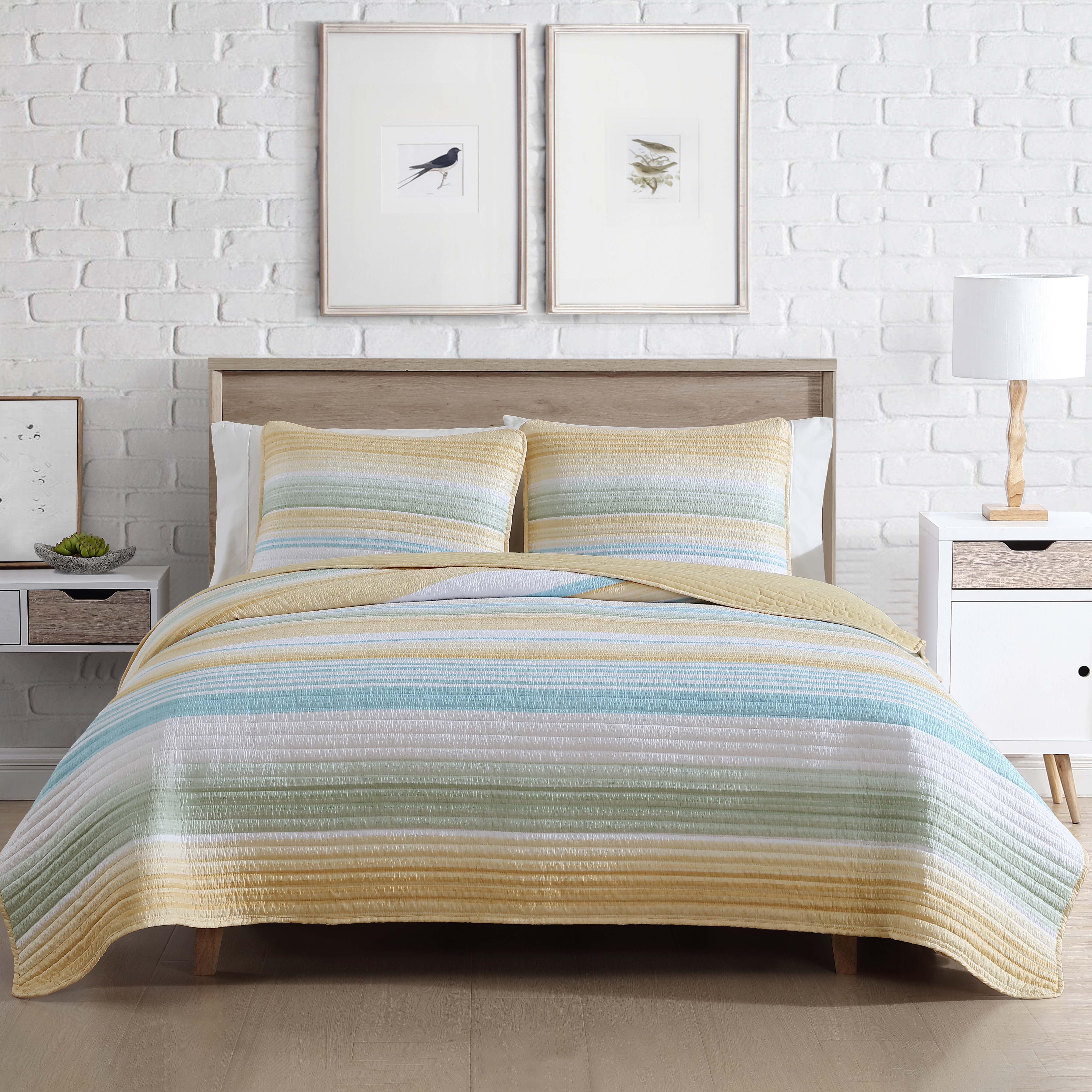 Beatrice Home Fashions, Coralinn Stripe 3PC Quilt Set, Full/Queen, Yellow/Sage