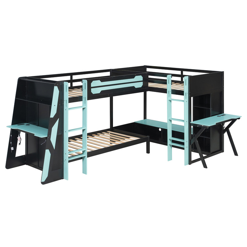 L-Shaped Twin Size Gaming Bunk Bed with RGB LED Lights, 3 Twin Beds, USB Ports, TV Stand & Storage Shelves, Reversible Wooden Bunk Bed Frame for Teens & Adults