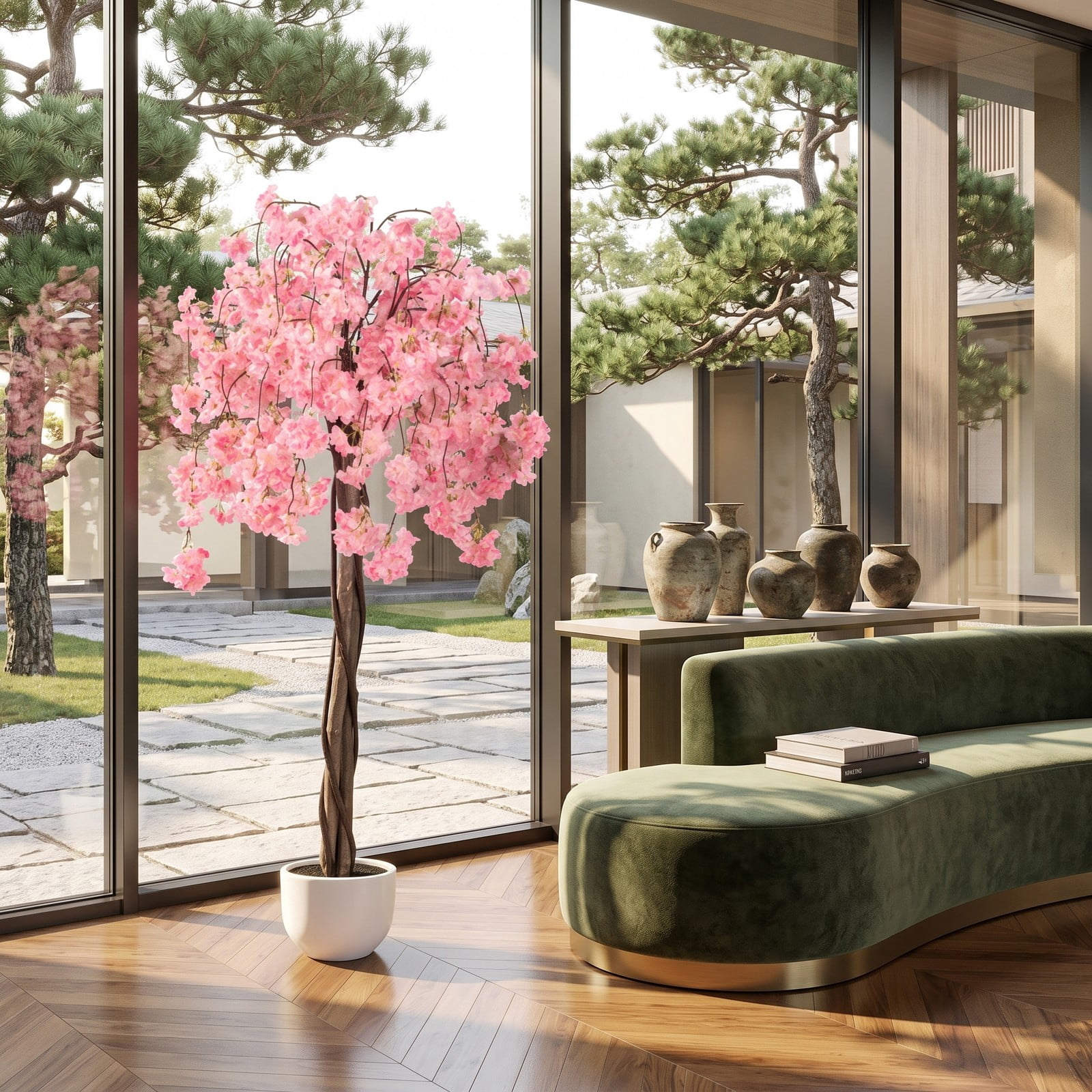 ALPULON 5.5 FT Artificial Cherry Blossom Tree with Pink and White Flowers, Faux Silk Sakura Tree with Solid Wood Trunk and Cement-Filled Pot for Home Office, Pink