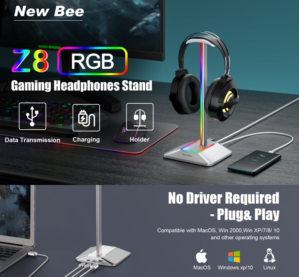 New Bee RGB Headphone Stand with USB USB-C Charging Port Desk Gaming Headset  Stand with 7 Light Mode 