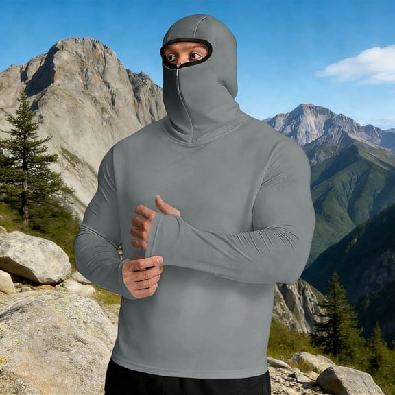 Aobny T-Shirts for Men Sun Shirt Solid with Mask Clothes Long Sleeve Hooded Big & Tall Mens Shirts Casual,Gray,L