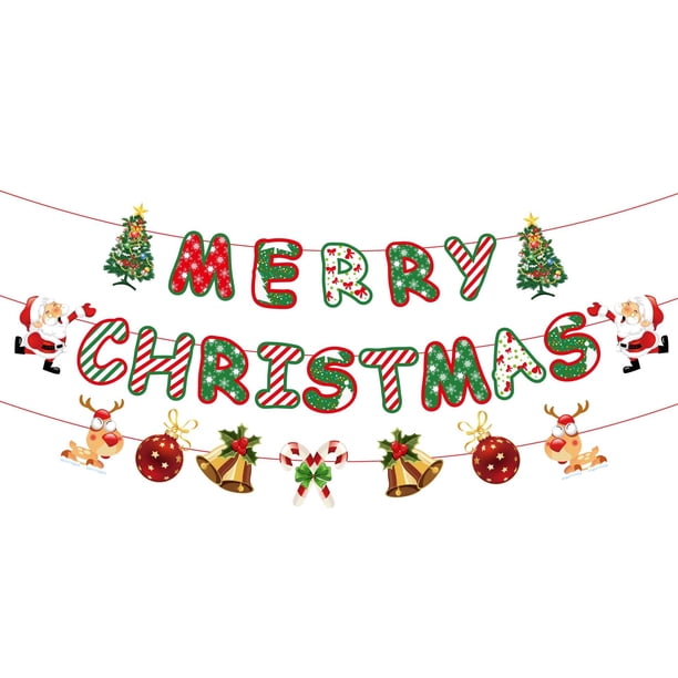 Cartel colorido con letras de Feliz Navidad, colgante de campana de Papá Noel, árbol de Navidad, alce, decoración de Feliz Navidad para el hogar, 2023