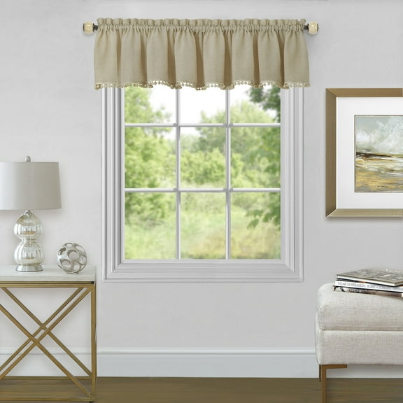 PowerSellerUSA Pom Pom Curtains, Perfect Valances for Windows, Semi Sheer Curtains for Kitchen and Living Room, Premium Light Filtering Curtains, Tan, 52" W x 14" L