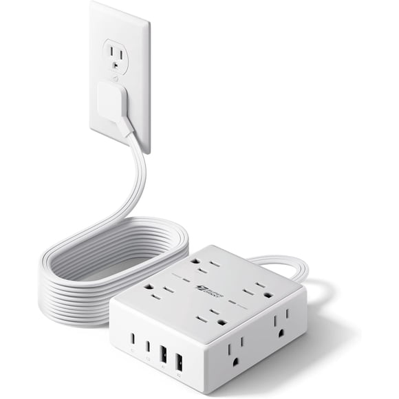 ZJQYDS Surge Protector Power Bar, 10 Ft Extension Cord with 8 Outlets & 4USB Ports (2 USB 2 C), Mountable Flat Plug Power Strip, Surge Protection for Home, Office, Dorm