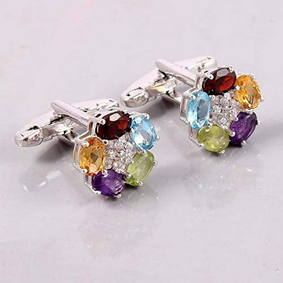 Multi Stone Cufflinks 925 Sterling Silver Multi Gemstone Cufflinks 4x6 mm Oval Wedding Cufflink Groomsmen Cufflink Bestman Cufflink For Men