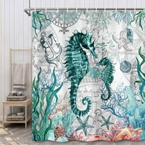 Teal Ocean Shower Curtain, Fish Ocean Animal Seashell Seahorse Shower Curtain with Hooks, Nautical Coastal Theme Bathroom Curtain 69W X 70L Inch