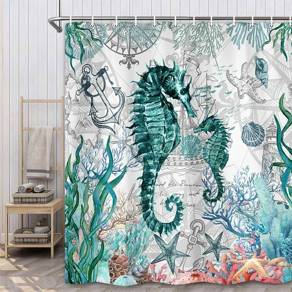 Teal Ocean Shower Curtain, Fish Ocean Animal Seashell Seahorse Shower Curtain with Hooks, Nautical Coastal Theme Bathroom Curtain 69W X 70L Inch