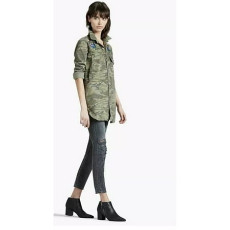 Lucky Brand Camo Boyfriend Shirt Floral Embroidered Denim, Camouflaged Army, XS