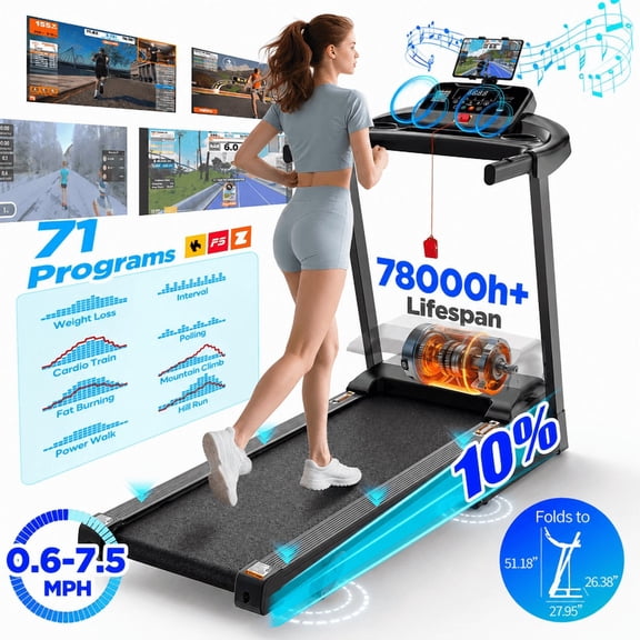 Folding Treadmill for Home, 3.45HP Treadmill with 10% Incline, Treadmill 300lbs Capacity, Running Machine Fitness, 0.6-7.5MPH, APP Control, 71Programs, Shock Absorption