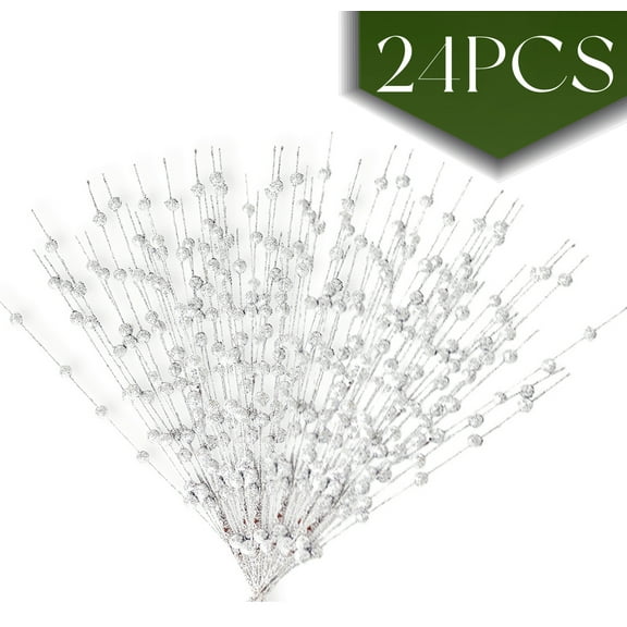 Christmas Picks Tree Picks Glitter Artificial Berries Stems for Christmas Tree Ornaments, 15" Floral Picks DIY Xmas Wreath, Crafts,Home Decor Silver 24 Pcs