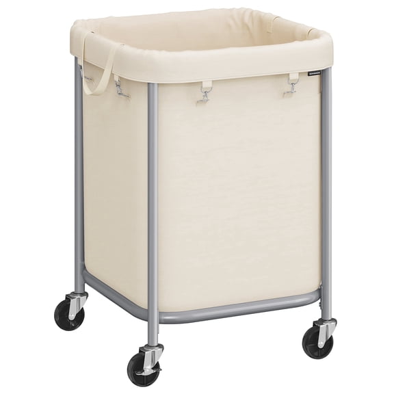 SONGMICS 45-Gallon (170 L) Laundry Basket with Wheels,with Steel Frame and Removable Bag, 2 Locking Wheels, Cream White and Metallic Silver