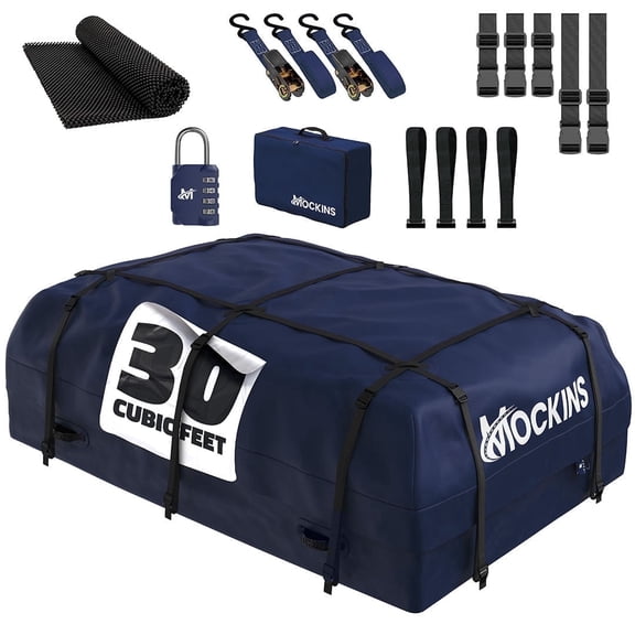 Mockins 30 Cu Ft. Navy Blue Waterproof Roof Top Cargo Bag  (60"x43"x20") with Roof Pad, Straps, Hooks, Lock & Carry Bag