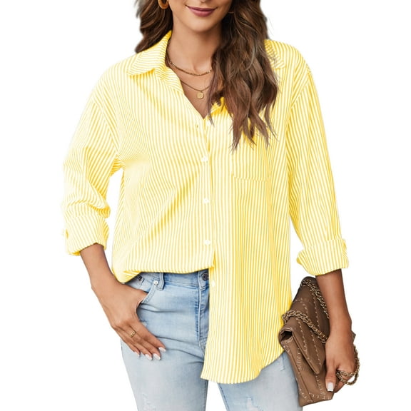 Weardear Womens Button Down Shirts Striped Classic Long Sleeve Collared Office Work Blouses Tops with Pocket