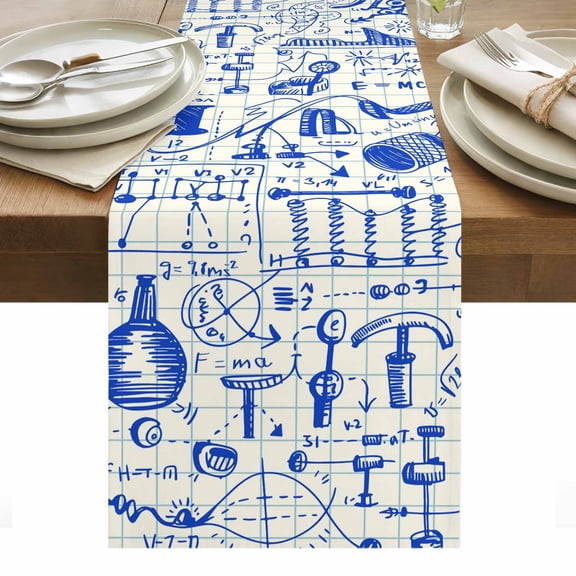 Blue Physics Table Runner - 108 Inch Long, Kitchen Dining Table Runner Dresser Scarves, Model Laboratory Formula Equations Plaid Farmhouse Decor for Coffee Tables Wedding Party Banquet