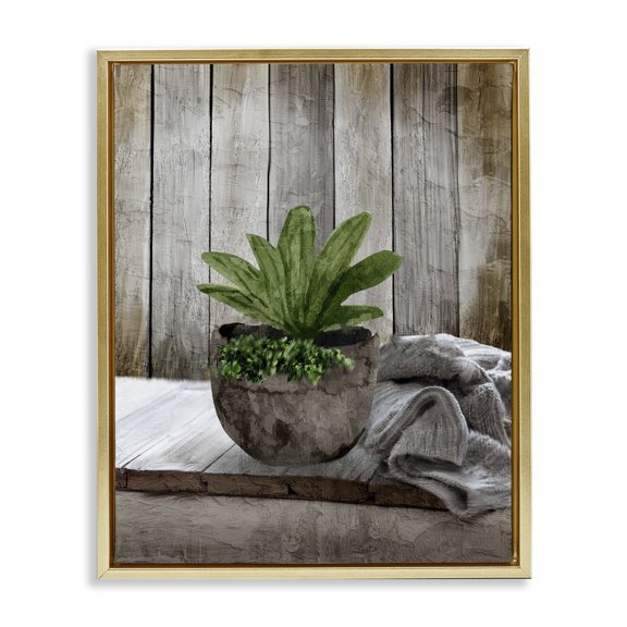 Stupell Industries Farmhouse Cozy Rustic Potted Plant Gold Floating Frame Canvas Art, 17 x 21, by Kim Allen