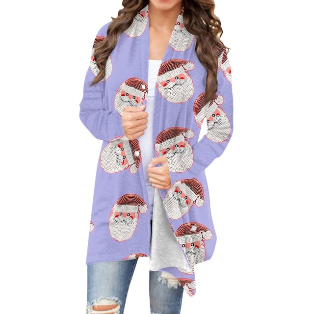 Cárdigan de manga larga con estampado navideño de moda para mujer, chaqueta de poliéster para mujer