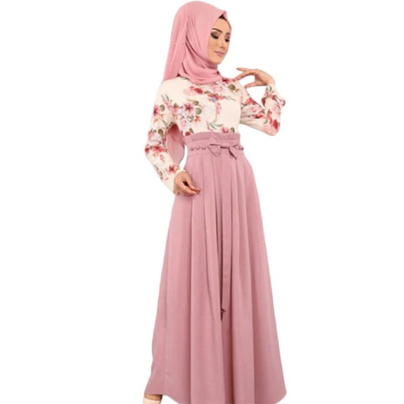 Ethnic Women Ramadan Eid Abaya Long Sleeve Floral Contrast Color Knot Front Maxi Long Dress Muslim Islamic Party Robe