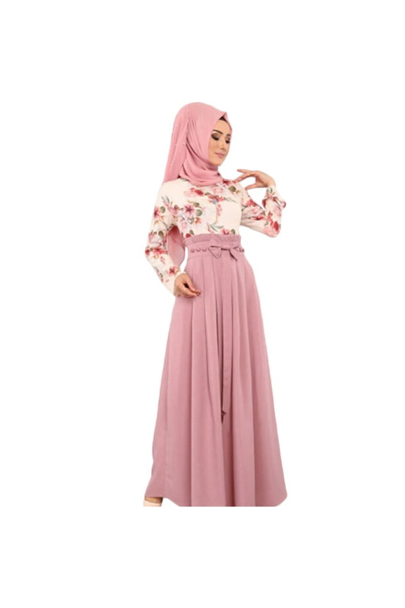 Ethnic Women Ramadan Eid Abaya Long Sleeve Floral Contrast Color Knot Front Maxi Long Dress Muslim Islamic Party Robe