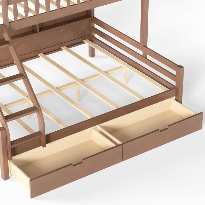 Twin XL-Over-Queen Wood Bunk Bed with Curved Guardrail & Ladder, Chic Kids Storage Bed Frame with Drawers & Bedside Shelves