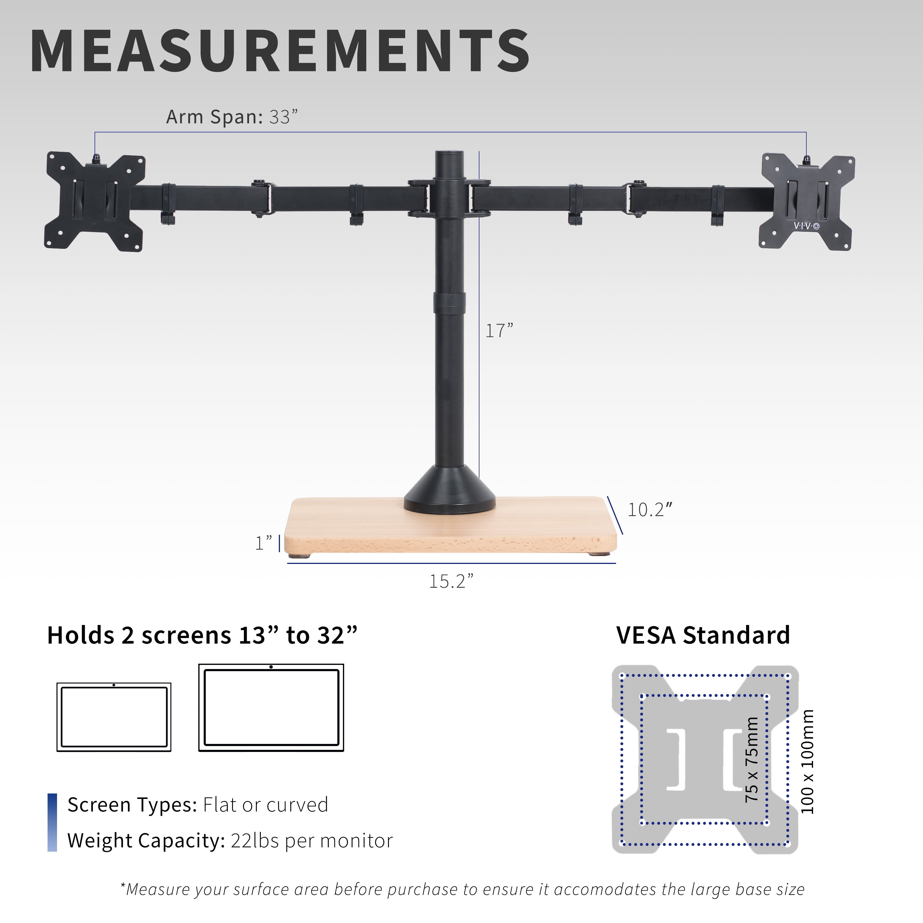VIVO Dual Monitor Adjustable Mount w/ Wood Base, Fits Computer Screens up to 32"